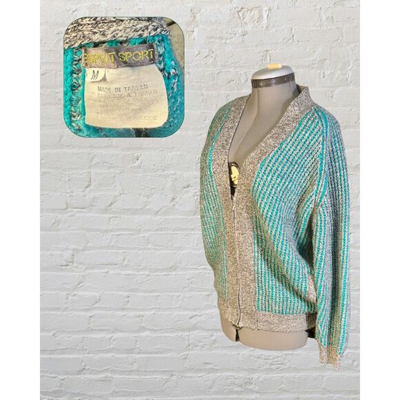 Vintage Mid 80s Esprit Sport Gray Teal Striped Half Zip Cardigan Sweater M - Picture 4 of 5